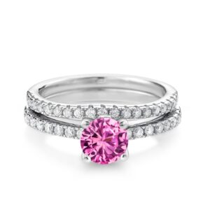 925 Sterling Silver Pink Created Sapphire and White Moissanite Wedding Engagement Band Bridal Set Ring For Women (1.49 Cttw, Gemstone September Birthstone, Available In Size 5, 6, 7, 8, 9)