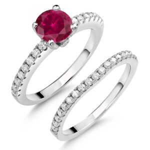 gem stone king 925 sterling silver red created ruby and white moissanite wedding engagement band bridal set ring for women (1.49 cttw, gemstone july birthstone, available in size 5, 6, 7, 8, 9)