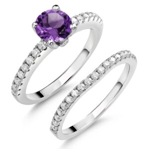 Gem Stone King 925 Sterling Silver Purple Amethyst and White Moissanite Wedding Engagement Band Bridal Set Ring For Women (1.49 Cttw, Gemstone February Birthstone, Available In Size 5, 6, 7, 8, 9)