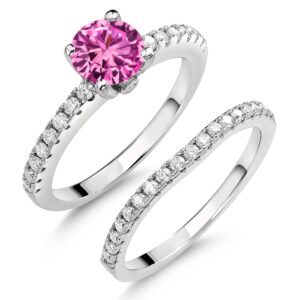 925 Sterling Silver Pink Created Sapphire and White Moissanite Wedding Engagement Band Bridal Set Ring For Women (1.49 Cttw, Gemstone September Birthstone, Available In Size 5, 6, 7, 8, 9)