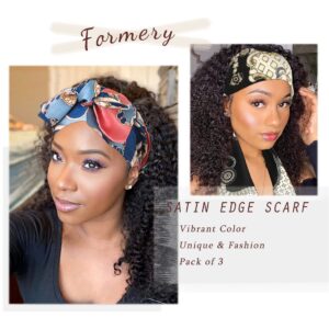 Formery 3PCS Satin Long Headband Scarf Blue Silk Edge Layering Scarves Pattern African Hair Wrap Ribbon for Women and Girls