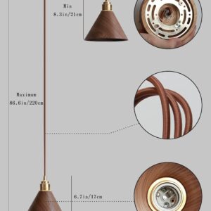 Vintage Mini Pendant Lighting with Black Walnut and heavy-duty threaded brass socket, Adjustable Cord living room Lamp Ceiling Pendant Light Fixture for Kitchen Island coffee bar, Black Walnut, 1 Pack