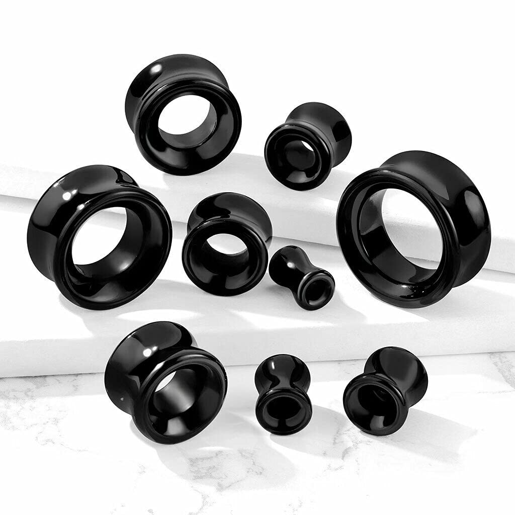 blue palm jewelry Pair of Double Flare Hollow Tunnel Solid Black Stone Obsidian Saddle Ear Plugs E584