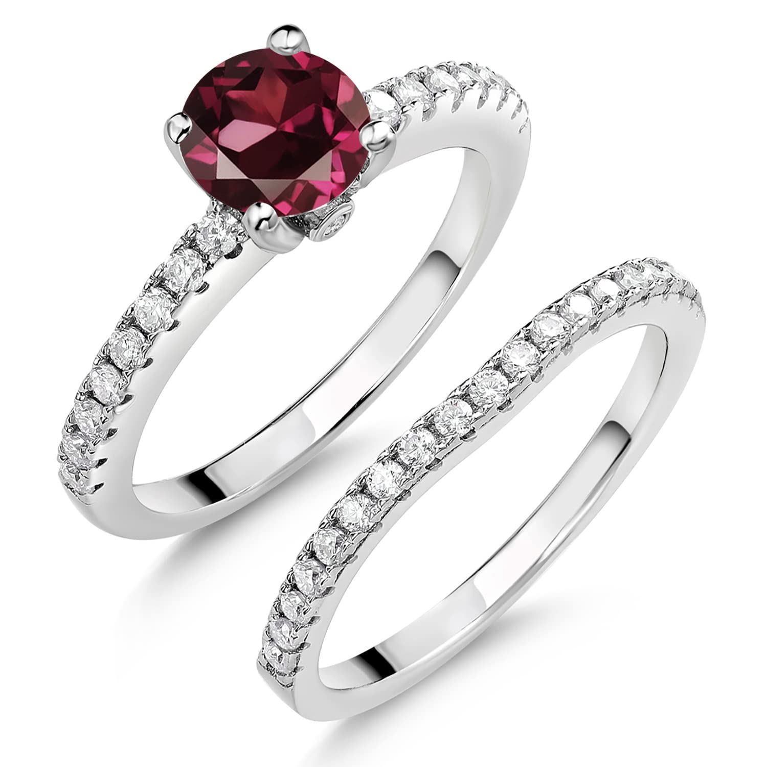 Gem Stone King 925 Sterling Silver Red Rhodolite Garnet and White Moissanite Wedding Engagement Band Bridal Set Ring For Women (1.49 Cttw, Gemstone January Birthstone, Available In Size 5, 6, 7, 8, 9)