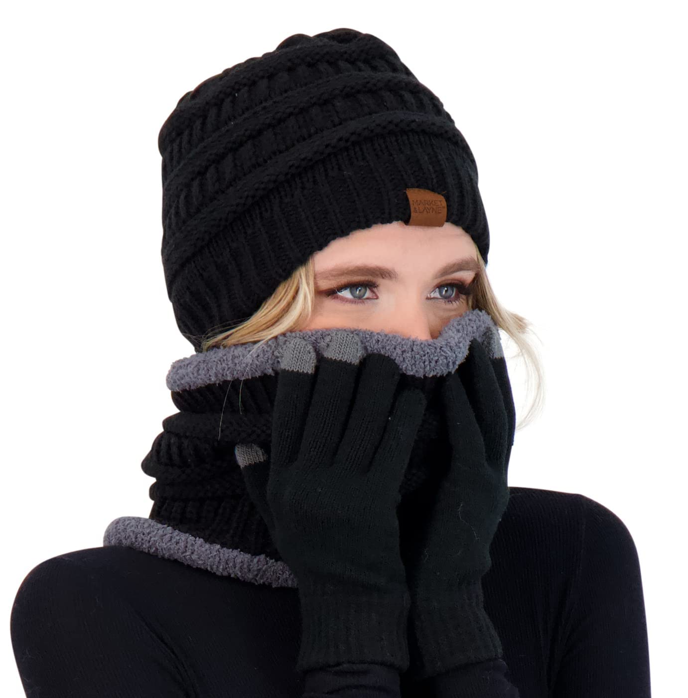 Winter Hat Fleece Lined Neck Warmer Scarf and Gloves Set for Women Knit Beanie Winter Gloves and Scarves Cold Weather