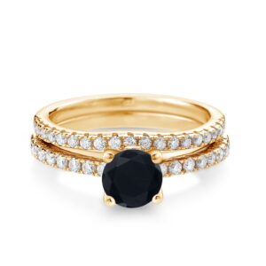 18K Yellow Gold Plated Silver Black Onyx and White Moissanite Wedding Engagement Band Bridal Set Ring For Women (1.29 Cttw, Gemstone December Birthstone, Available In Size 5, 6, 7, 8, 9)