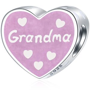 grandma heart charms, 925 sterling silver i love you grandmother grandmom beads with pearl pink enamel, fits pandora mothers day bracelet, gifts for nonna/abuela/babcia