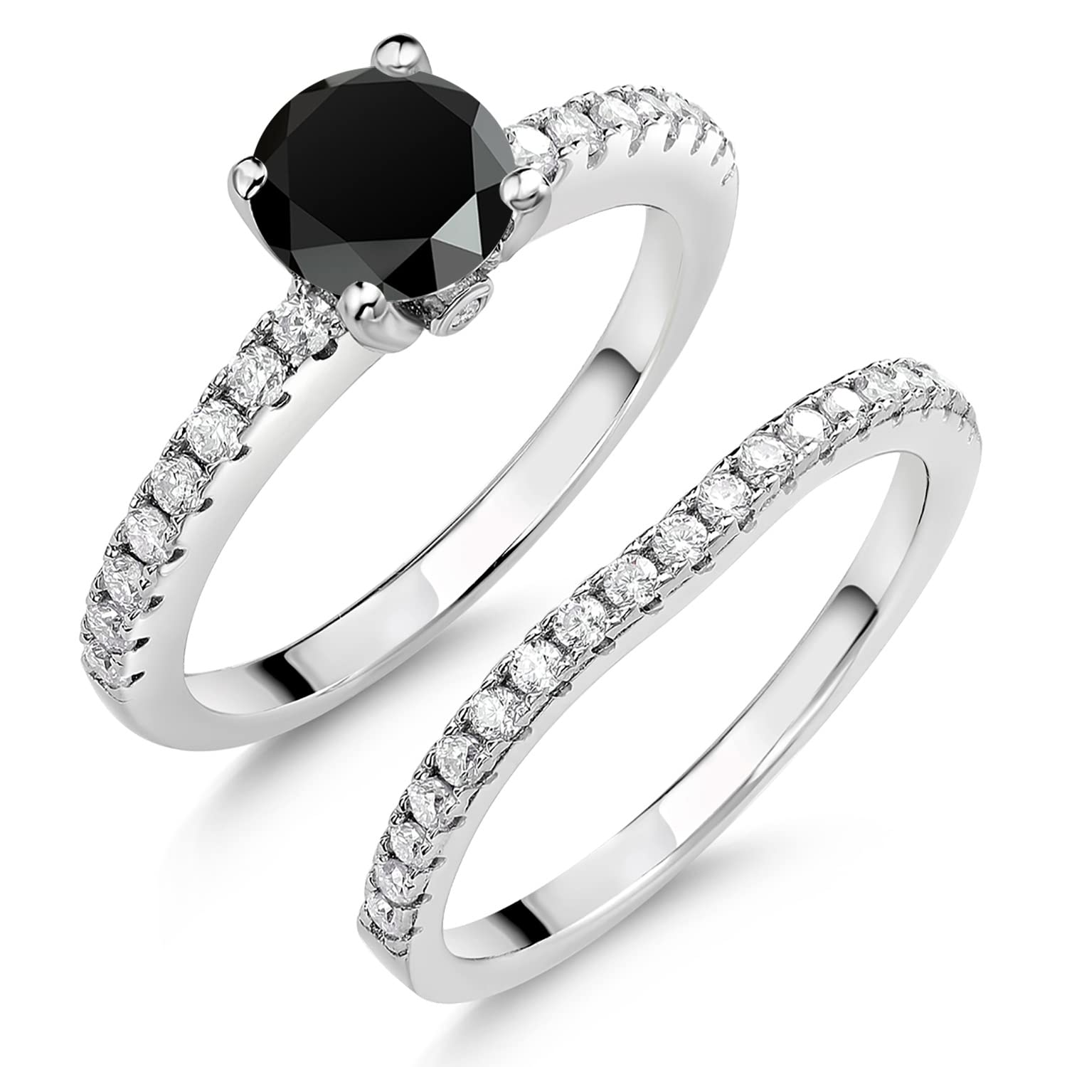 Gem Stone King 925 Sterling Silver Black Onyx and White Moissanite Wedding Engagement Band Bridal Set Ring For Women (1.29 Cttw, Gemstone December Birthstone, Available In Size 5, 6, 7, 8, 9)