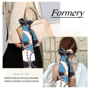 Formery 3PCS Satin Long Headband Scarf Blue Silk Edge Layering Scarves Pattern African Hair Wrap Ribbon for Women and Girls