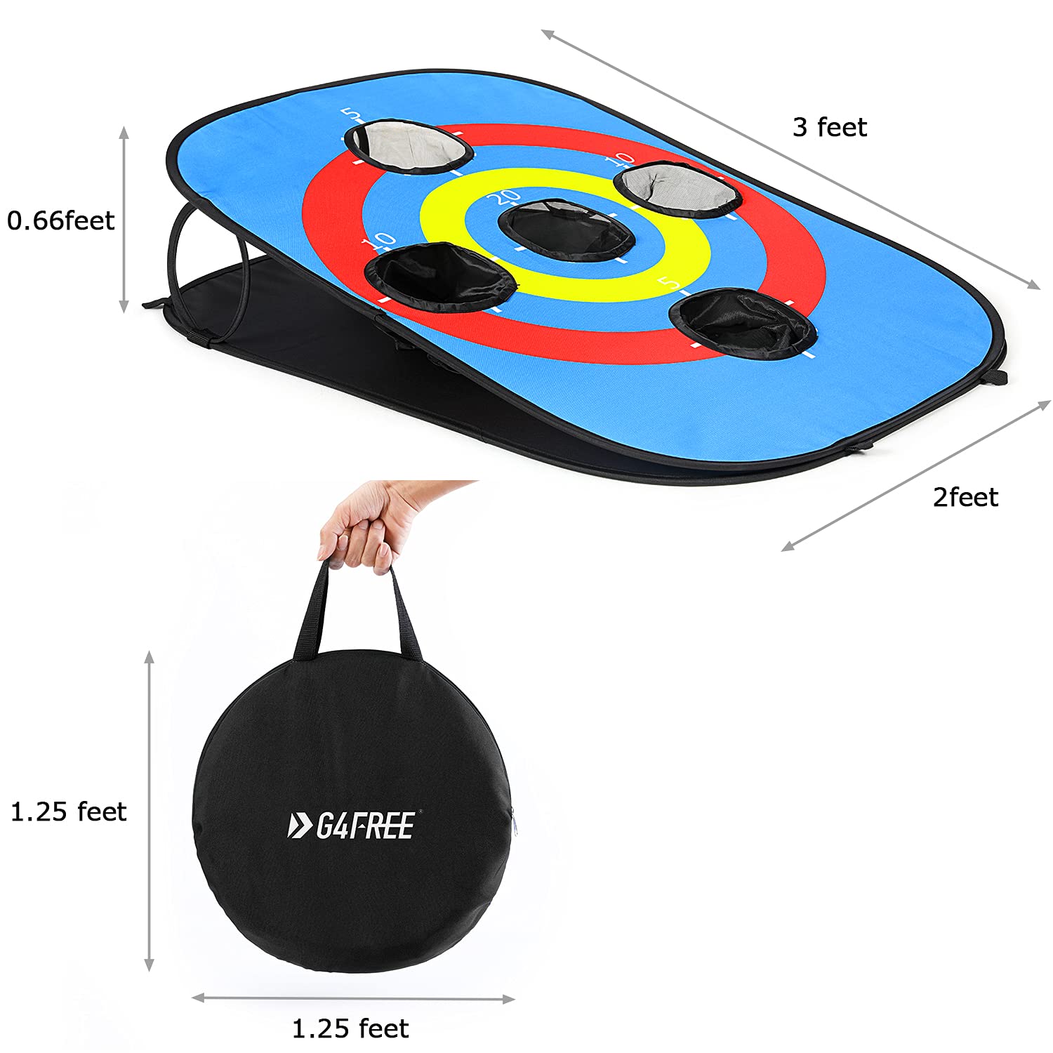 G4Free Portable Collapsible 5 Holes Cornhole Game Set with 8 Bean Bags Carrying Case Toss Game Size 3ft x 2ft for Camping Travel