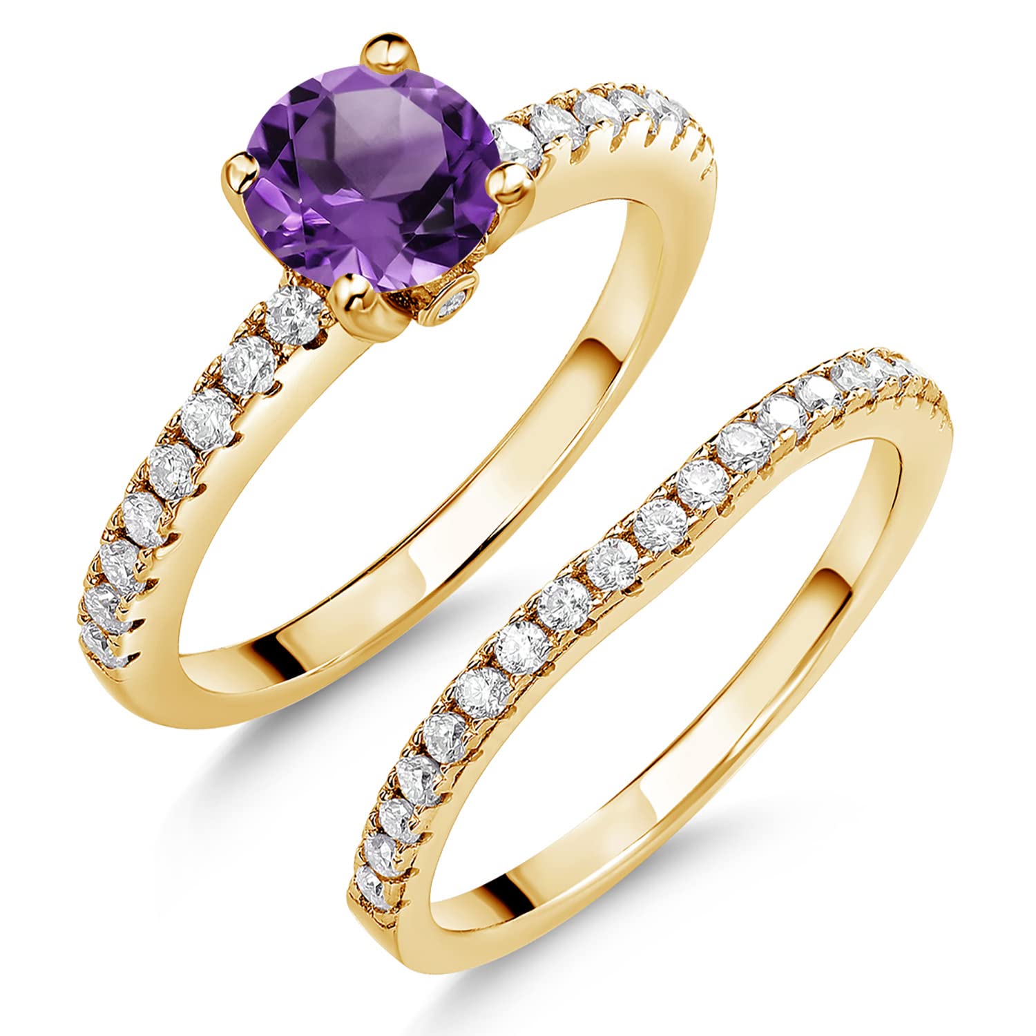 18K Yellow Gold Plated Silver Purple Amethyst and White Moissanite Wedding Engagement Band Bridal Set Ring For Women (1.49 Cttw, Gemstone February Birthstone, Available In Size 5, 6, 7, 8, 9)