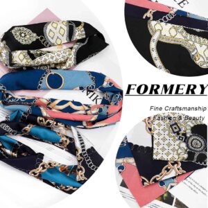 Formery 3PCS Satin Long Headband Scarf Blue Silk Edge Layering Scarves Pattern African Hair Wrap Ribbon for Women and Girls