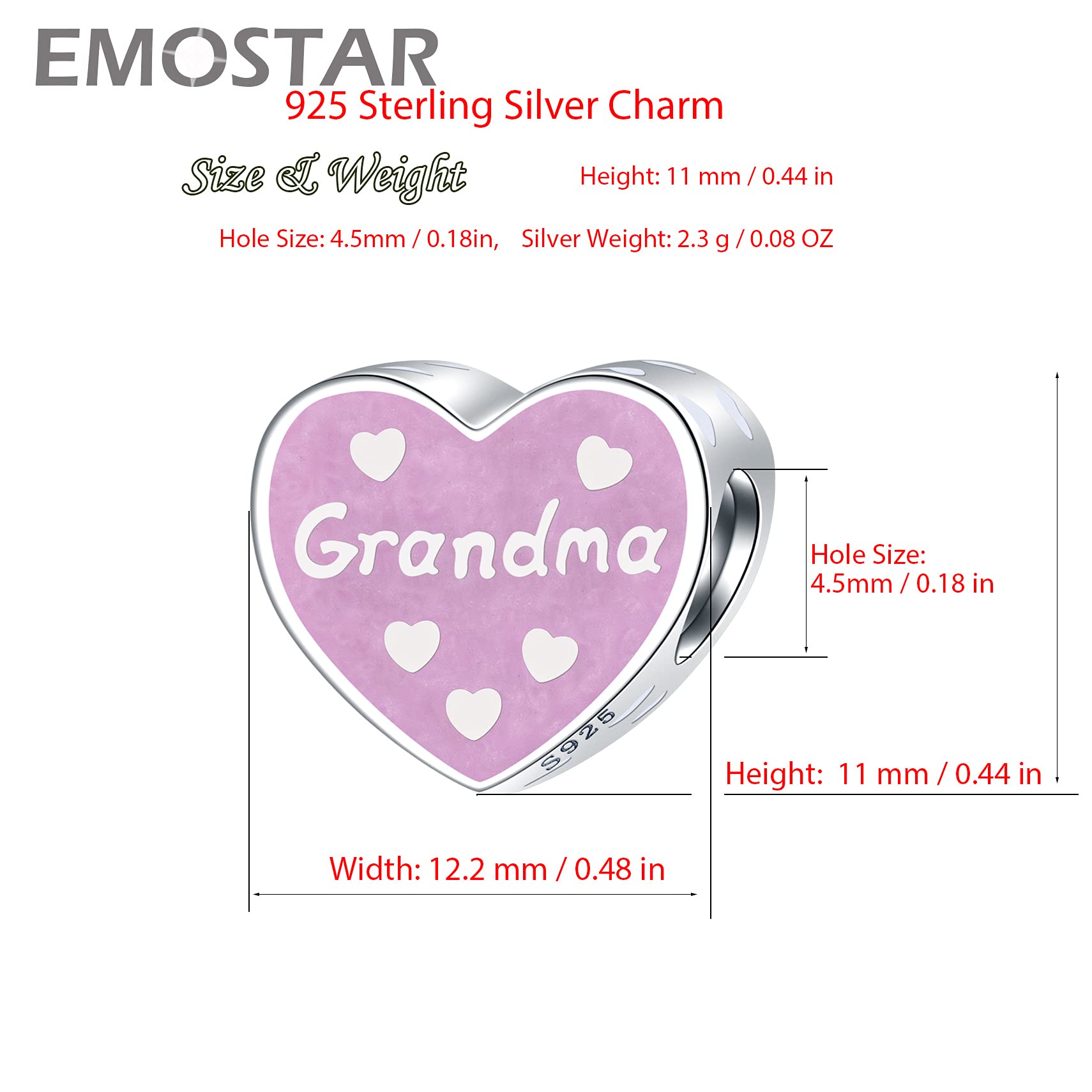 Grandma Heart Charms, 925 Sterling Silver I Love You Grandmother Grandmom Beads with Pearl Pink Enamel, fits Pandora Mothers Day Bracelet, Gifts for Nonna/Abuela/Babcia