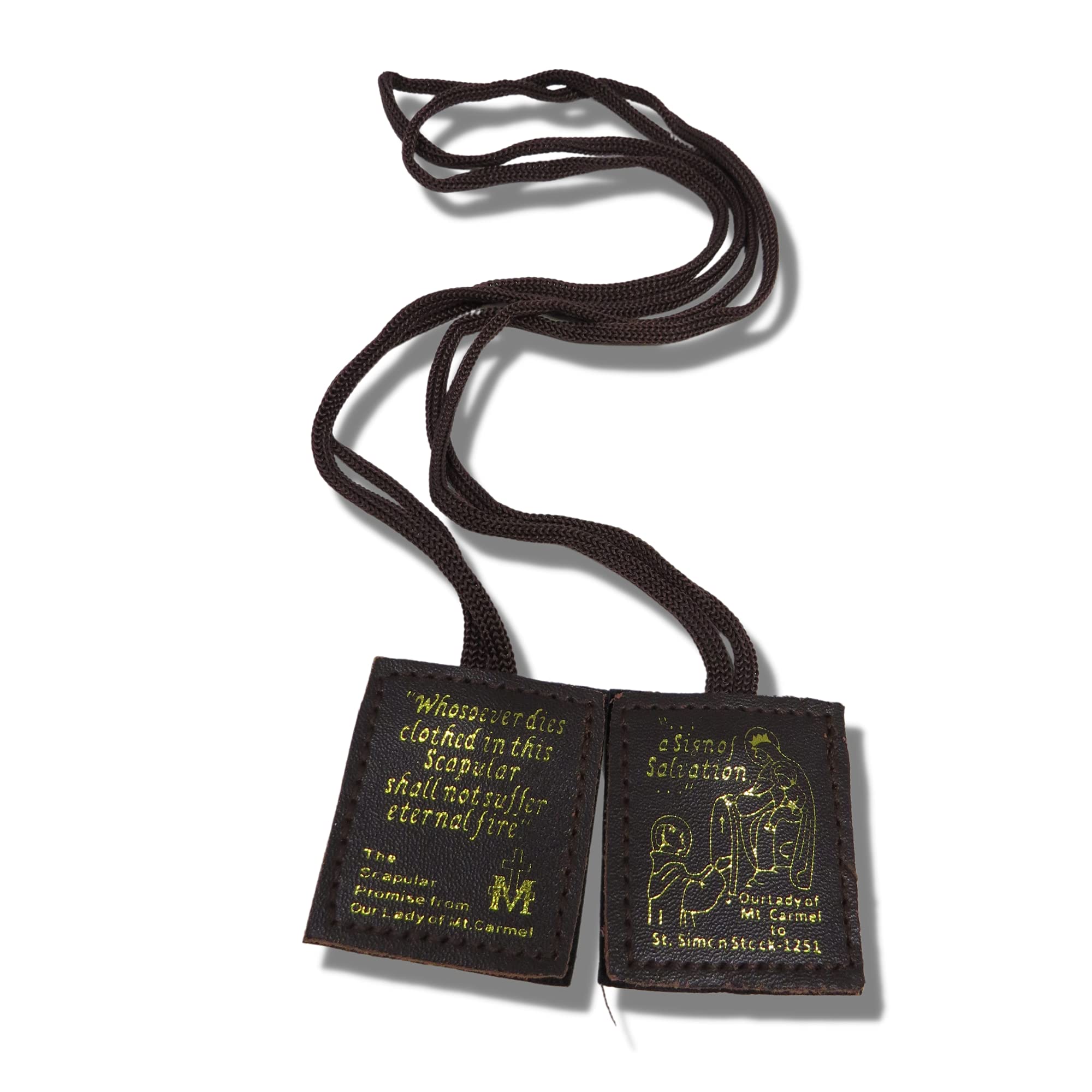 Brown Stamped Leather Scapulars Catholic Necklace for Men and Women, Scapular with Our Lady of Mt Carmel on the Front and Her Promise of Salvation, 21 Inches