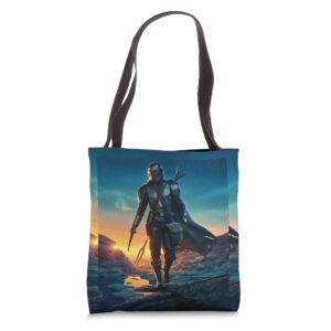 star wars the mandalorian and grogu sunset poster tote bag