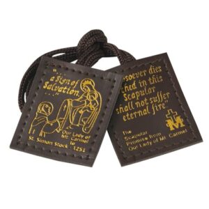 Brown Stamped Leather Scapulars Catholic Necklace for Men and Women, Scapular with Our Lady of Mt Carmel on the Front and Her Promise of Salvation, 21 Inches