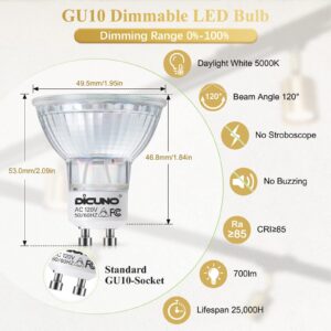 DiCUNO GU10 LED Bulb Dimmable, Daylight White 5000K, 60W Equivalent, High Brightness 700LM, MR16 GU10 LED Bulb for Track Lighting, 6W Light Bulb with 120° Beam for Kitchen, Range Hood, Pack of 6