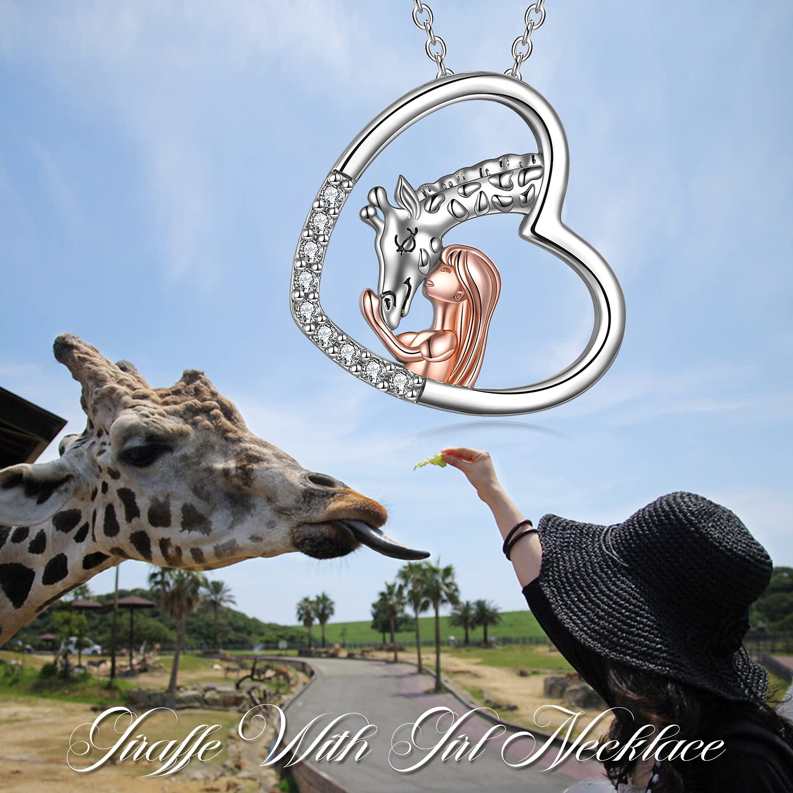 POPKIMI Sterling Silver Giraffe Necklace with Women Giraffe Charm Heart Pendant Jewelry Giraffe Gifts for Women Daughter