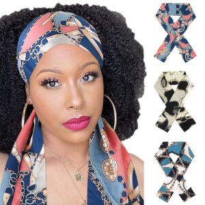 formery 3pcs satin long headband scarf blue silk edge layering scarves pattern african hair wrap ribbon for women and girls