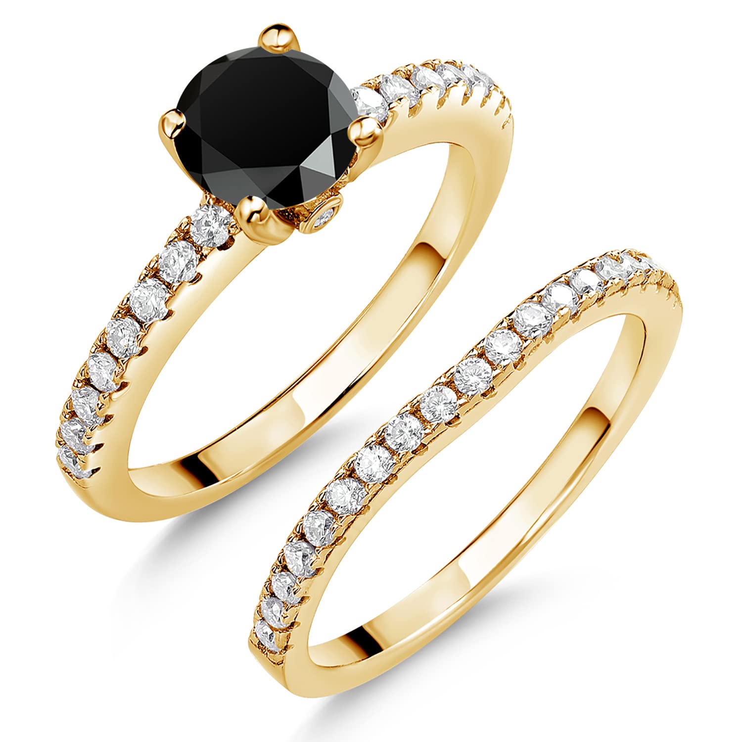 18K Yellow Gold Plated Silver Black Onyx and White Moissanite Wedding Engagement Band Bridal Set Ring For Women (1.29 Cttw, Gemstone December Birthstone, Available In Size 5, 6, 7, 8, 9)