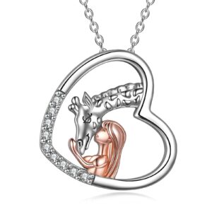 POPKIMI Sterling Silver Giraffe Necklace with Women Giraffe Charm Heart Pendant Jewelry Giraffe Gifts for Women Daughter