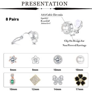 sailimue 8 Pairs Clip Earrings Sets for Women Fashion Cubic Zirconia CZ Crystal Freshwater Pearl Earrings Hypoallergenic Non Pierced Clip on Earrings Jewelry