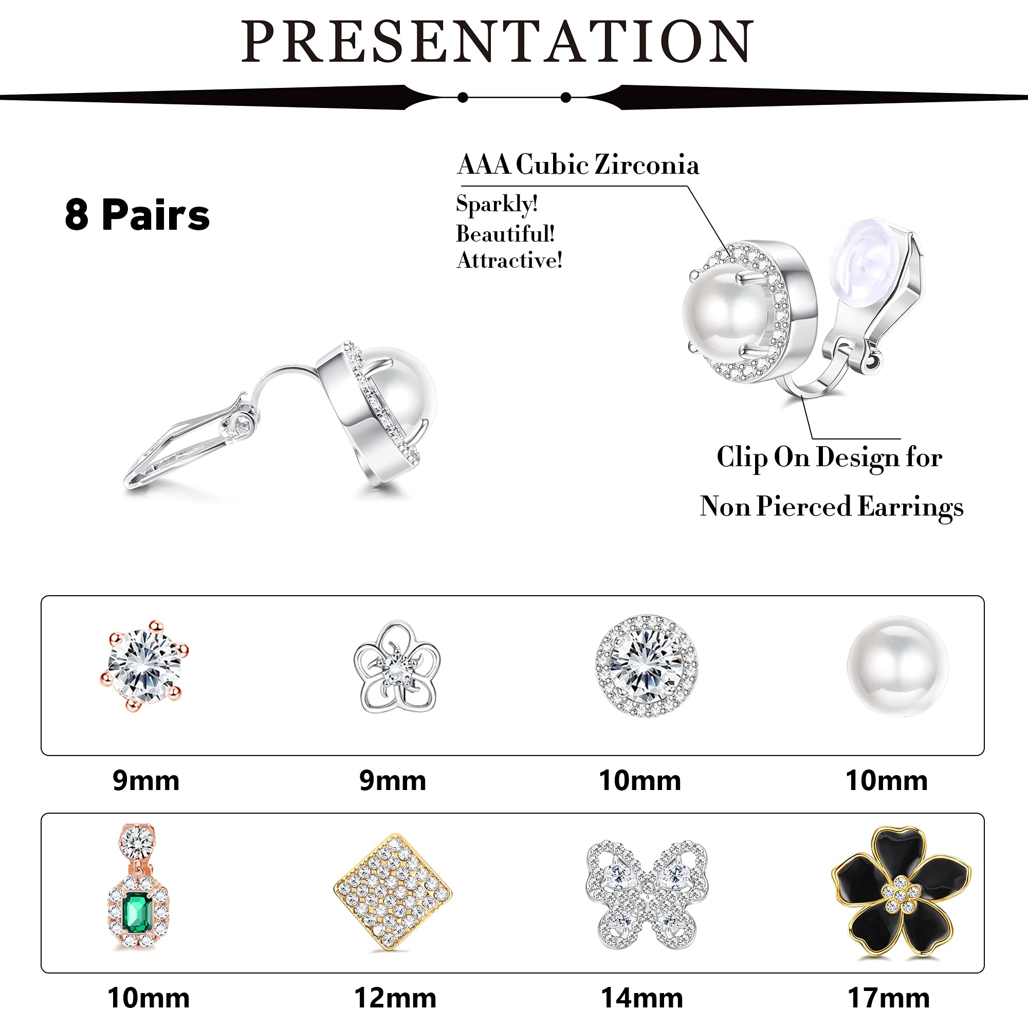 sailimue 8 Pairs Clip Earrings Sets for Women Fashion Cubic Zirconia CZ Crystal Freshwater Pearl Earrings Hypoallergenic Non Pierced Clip on Earrings Jewelry