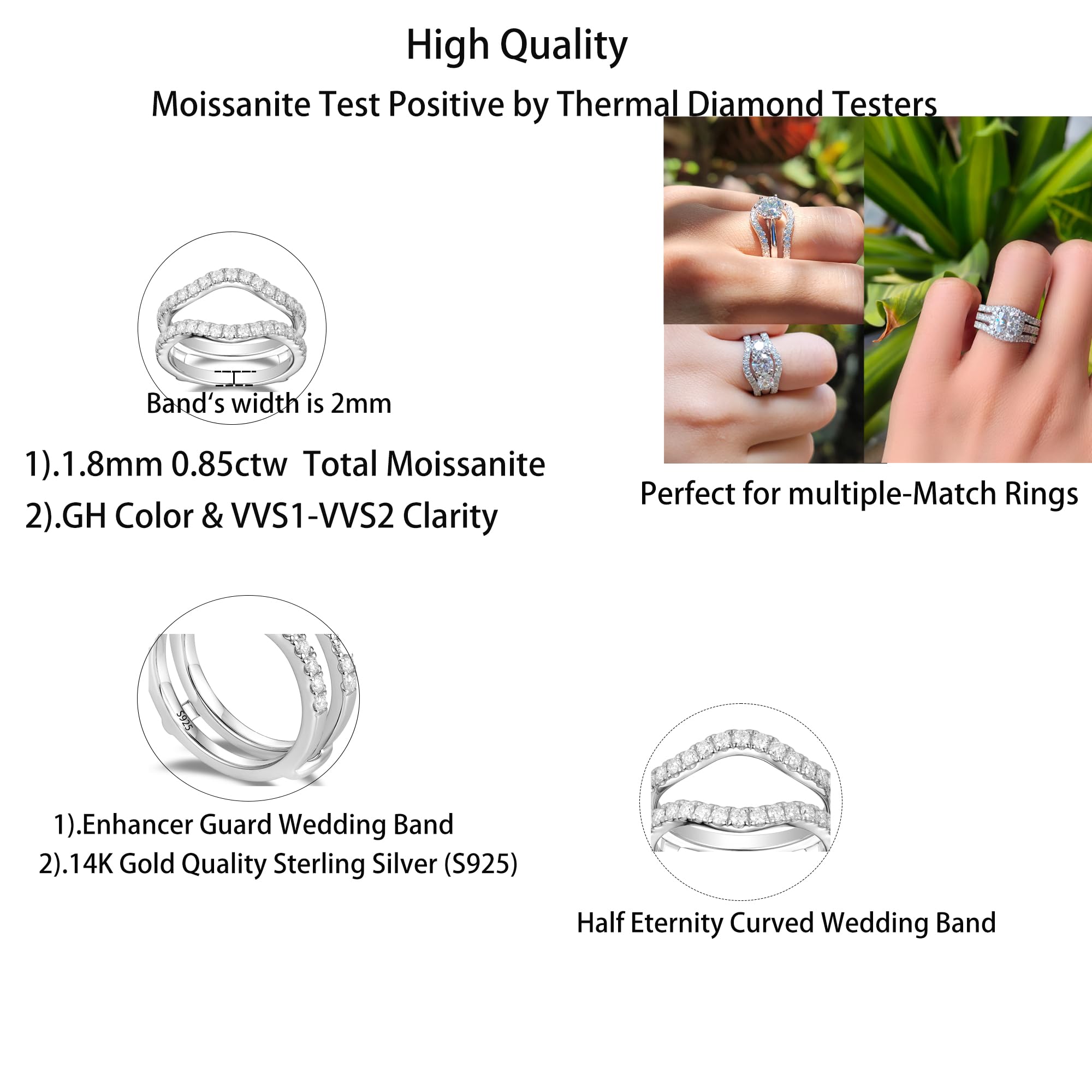 DovEggs Moissanite Enhancer Rings,Wedding Band,0.85CTW GHI Moissanite Lab Created Diamond Half Eternity Curved14K Gold QUALITY Sterling Silver Wedding Engagement Anniversary Ring for Women(8)