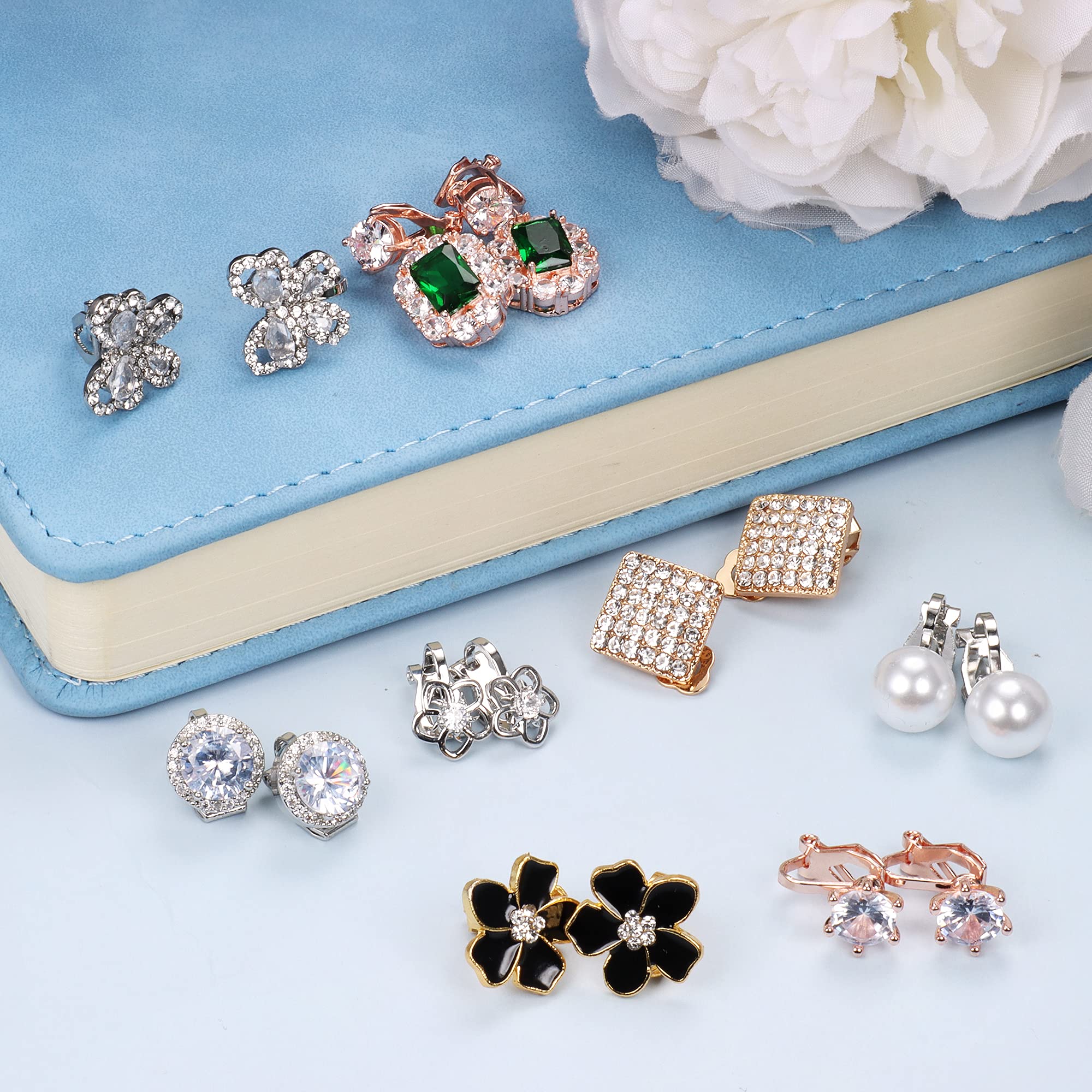 sailimue 8 Pairs Clip Earrings Sets for Women Fashion Cubic Zirconia CZ Crystal Freshwater Pearl Earrings Hypoallergenic Non Pierced Clip on Earrings Jewelry