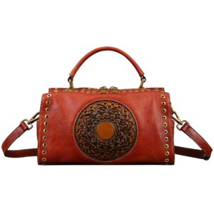 Genuine Leather Purses Pocketbooks for Women, Handmade Vintage Handbag Top Handle Satchel Mandala Totem Crossbody (Orange brown)