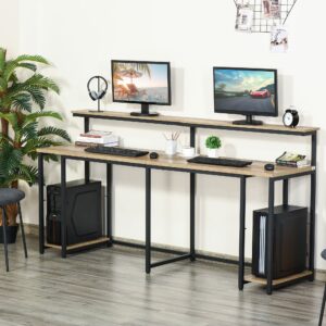 HOMCOM 78.75 Inches Double Computer Desk for Two Person, Extra Long Home Office Desk with Monitor Shelf and CPU Stand, Brown