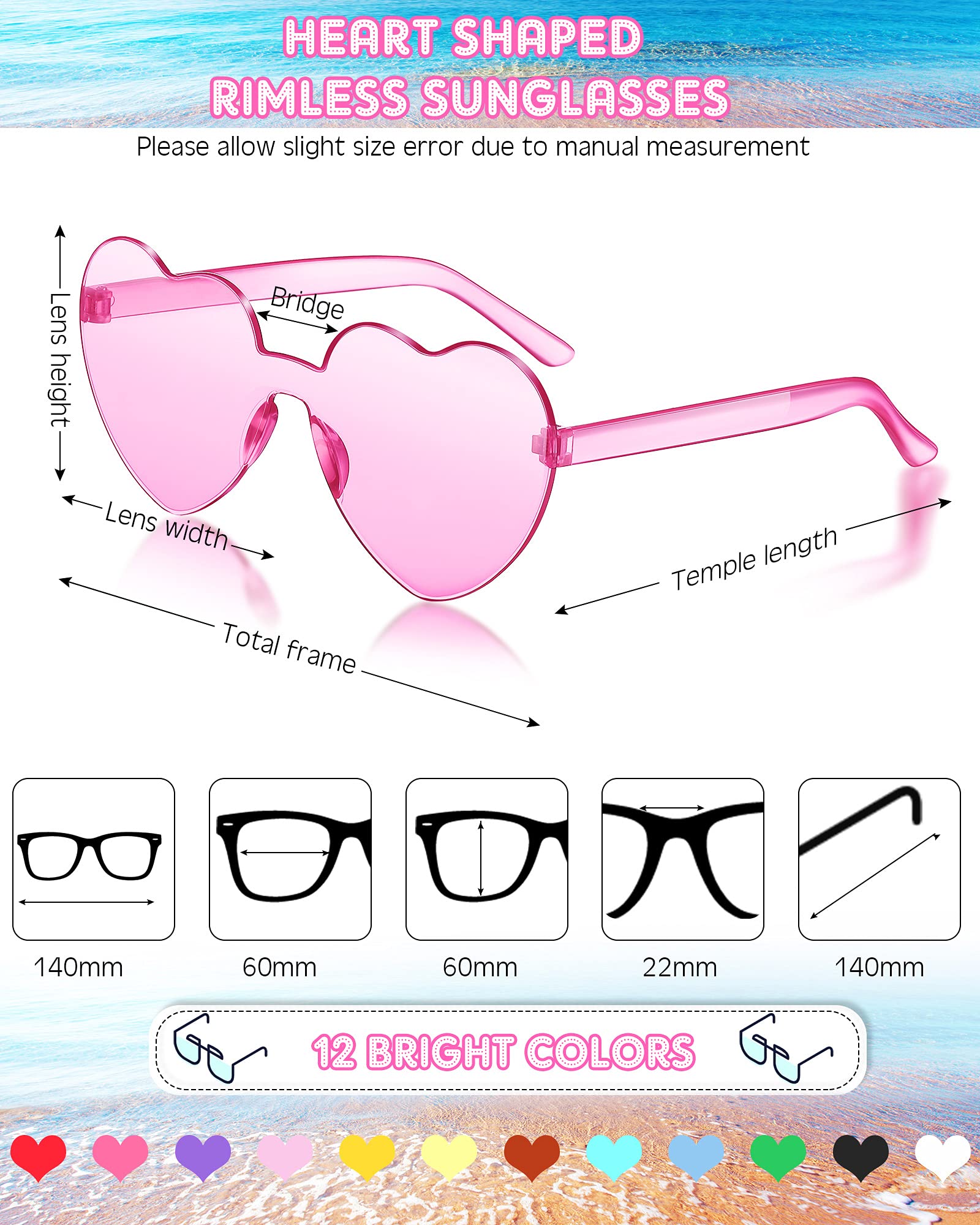 Photect 12 Pair Heart Sunglasses Colorful Heart Glasses Heart Sunglasses Party Favor(Basic Colors)