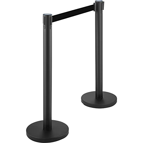 VEVOR Crowd Control Stanchion Set, Stanchion Set with 6.6 ft/2 m Black Retractable Belt, Black Crowd Control Barrier w/Concrete and Metal Base - Easy Connect Assembly (8)