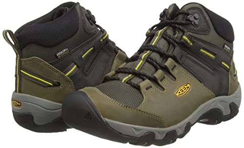 KEEN Men's Steens Mid Height Leather Waterproof Hiking Boots, Black Olive Yellow, 8.5