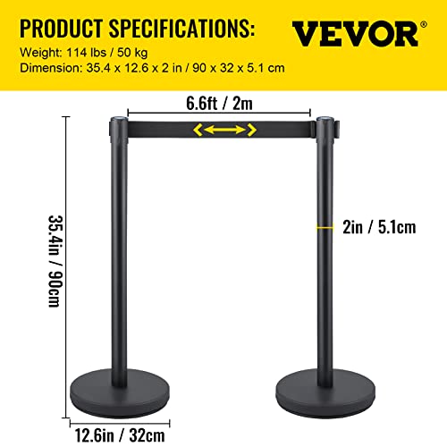 VEVOR Crowd Control Stanchion Set, Stanchion Set with 6.6 ft/2 m Black Retractable Belt, Black Crowd Control Barrier w/Concrete and Metal Base - Easy Connect Assembly (8)