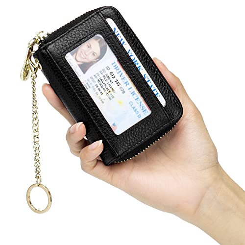 imeetu RFID Credit Card Wallet, Genuine Leather Zipper Card Case Holder with Removable Keychain(Black)