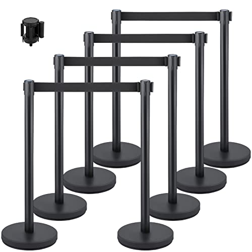 VEVOR Crowd Control Stanchion Set, Stanchion Set with 6.6 ft/2 m Black Retractable Belt, Black Crowd Control Barrier w/Concrete and Metal Base - Easy Connect Assembly (8)