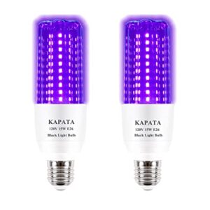 kapata 15w led uv black light bulb energy saving uv black lights uva level 395-400nm, glow in the dark , 100w black fluorescent light equivalent e26 120v , 2- pack