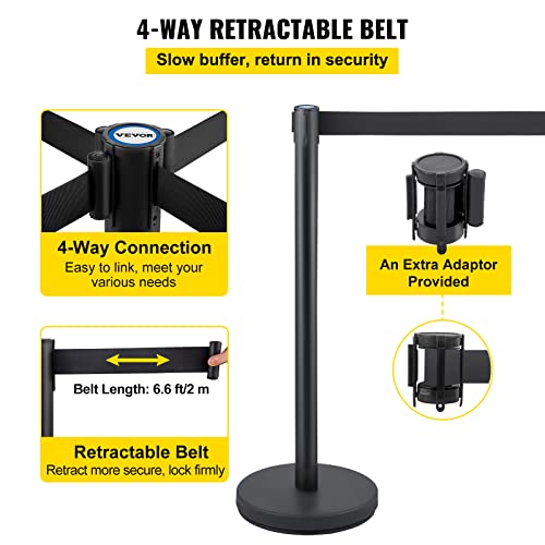 VEVOR Crowd Control Stanchion Set, Stanchion Set with 6.6 ft/2 m Black Retractable Belt, Black Crowd Control Barrier w/Concrete and Metal Base - Easy Connect Assembly (8)