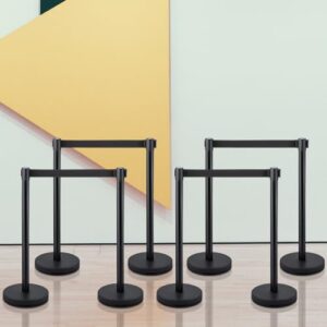 VEVOR Crowd Control Stanchion Set, Stanchion Set with 6.6 ft/2 m Black Retractable Belt, Black Crowd Control Barrier w/Concrete and Metal Base - Easy Connect Assembly (8)