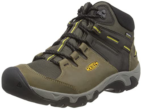 KEEN Men's Steens Mid Height Leather Waterproof Hiking Boots, Black Olive Yellow, 8.5