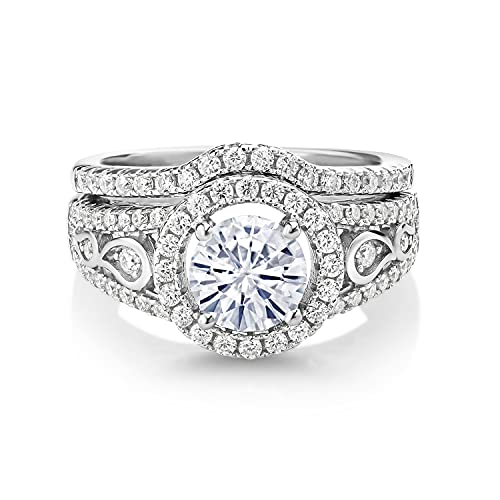 Gem Stone King 925 Sterling Silver Moissanite Women Wedding Engagement Ring Band Bridal Set (1.74 Cttw, Center 6.5MM, Available in size 5, 6, 7, 8, 9)