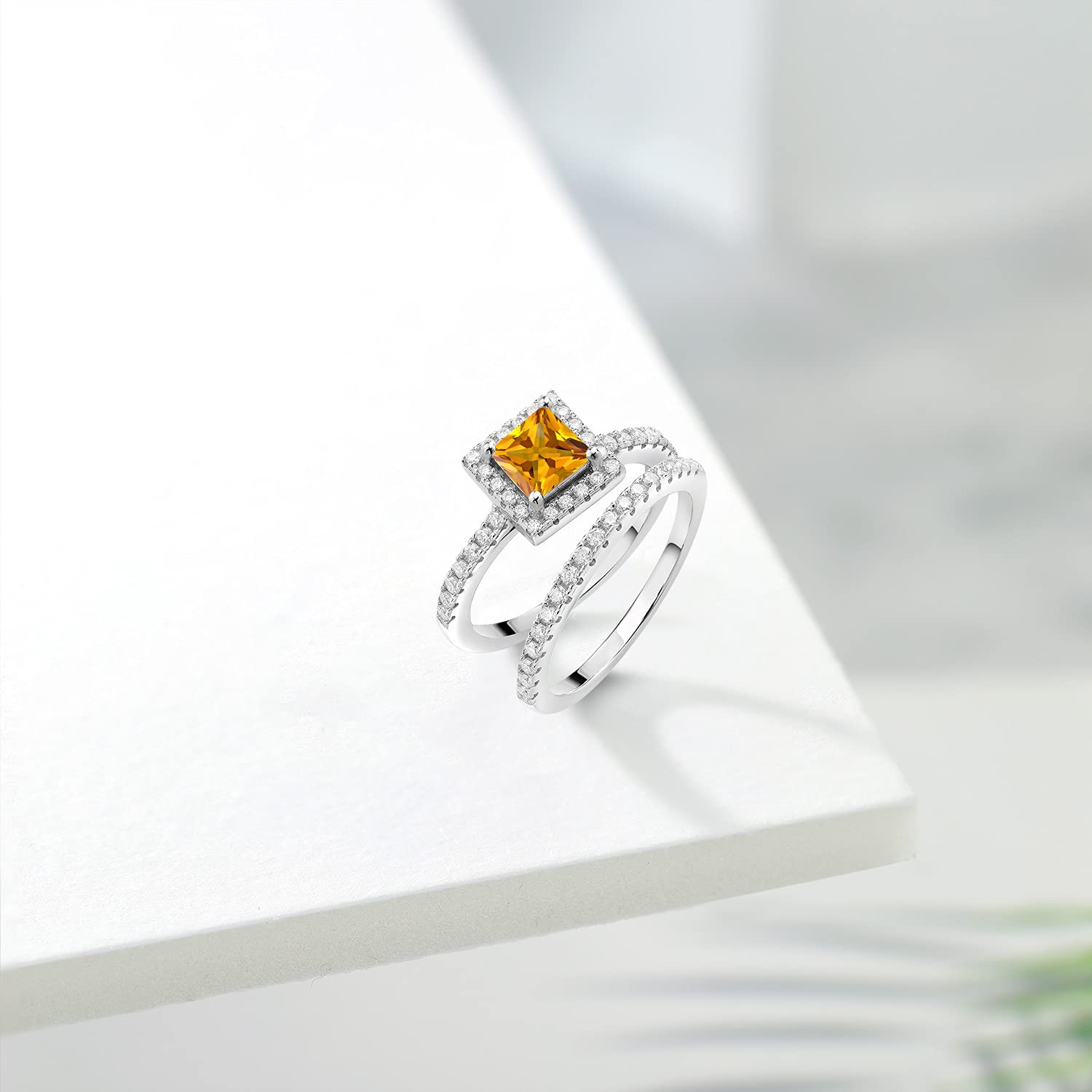 Gem Stone King 925 Sterling Silver Princess Yellow Citrine and Moissanite Wedding Engagement Ring Band Bridal Set For Women (1.16 Cttw, Gemstone Birthstone, Available in size 5, 6, 7, 8, 9)