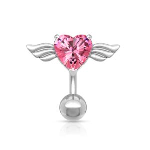 Pierced Owl 14GA Flying Heart with Angel Wings Top Down 316L Surgical Stainless Steel Navel Belly Button Ring (Pink)