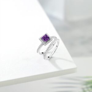 Gem Stone King 925 Sterling Silver Purple Amethyst and Moissanite Women Wedding Engagement Ring Band Bridal Set (1.21 Cttw, Princess Cut 5MM, Available in size 5, 6, 7, 8, 9)