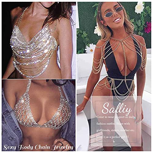 Aiosy Sparkly Rhinestone Body Chain Bra Silver Women Crystal Backless Chest Chains Bikini Halter Mesh Tops Layered Rave Outfits Jewelry Sexy Harness Body Accessories for Nightclub Festival Party Beach