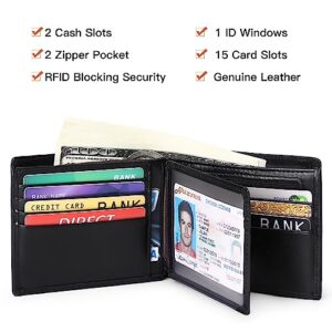 GOIACII Wallets for Men Genuine Leather RFID Blocking Bifold Wallet With ID Window and 16 Credit Card Pockets