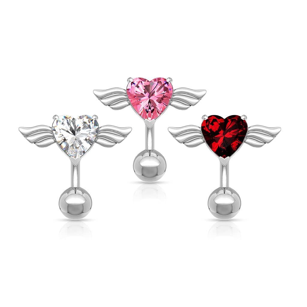 Pierced Owl 14GA Flying Heart with Angel Wings Top Down 316L Surgical Stainless Steel Navel Belly Button Ring (Pink)