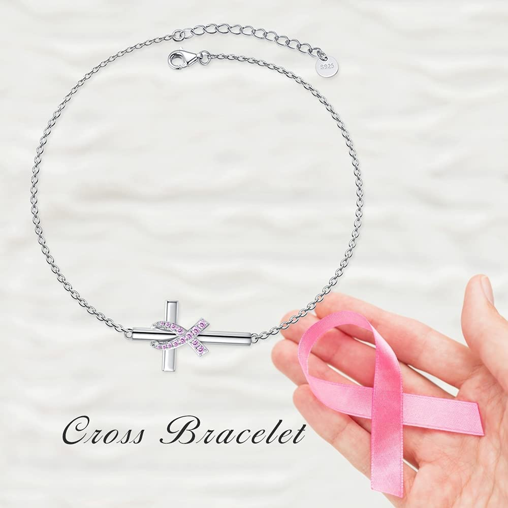 LEECCI 925 Sterling Silver Breast Cancer Awareness Bracelet Cross Pink Ribbon Bracelet Breast Cancer Survivor Gifts for Women