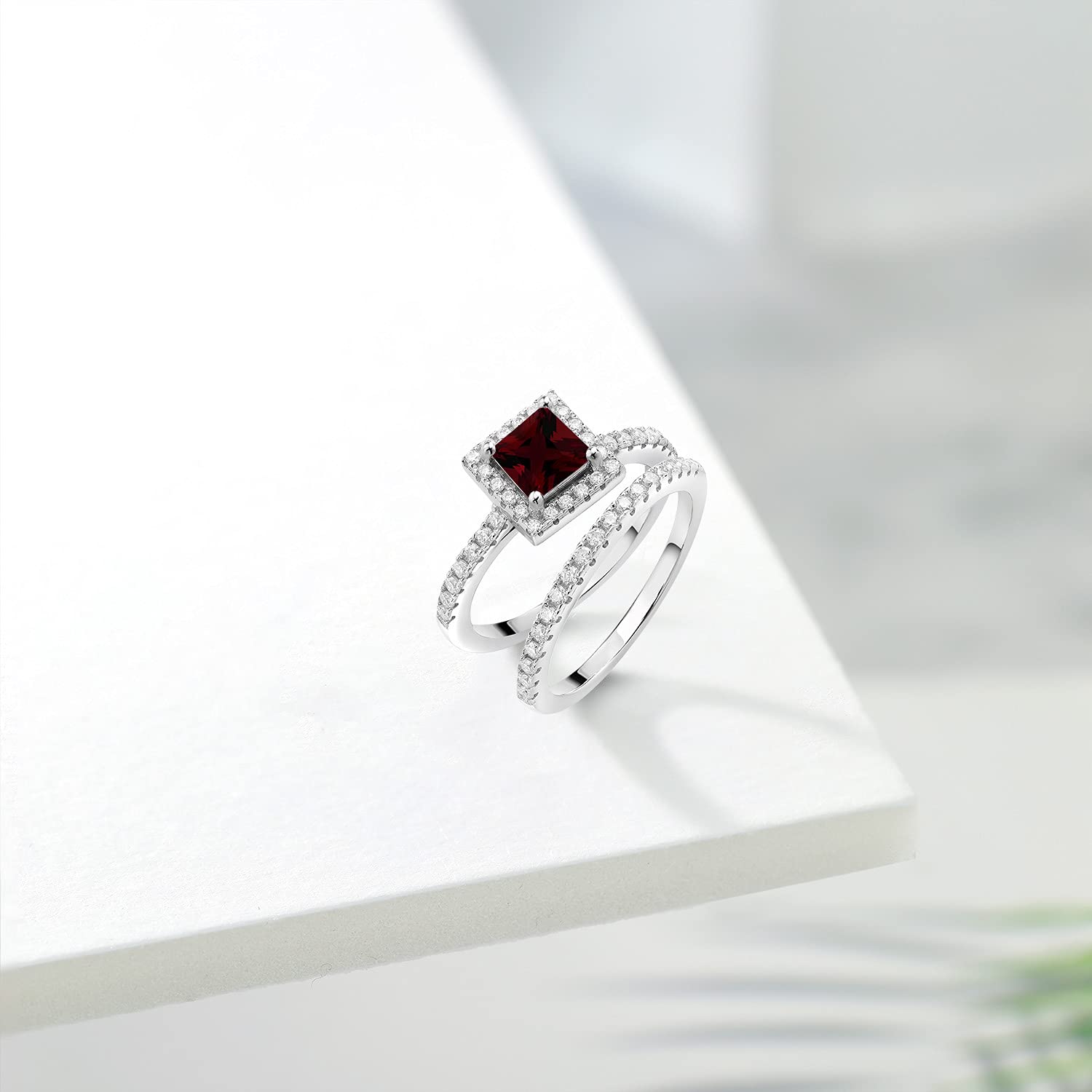 Gem Stone King 925 Sterling Silver Red Garnet and White Moissanite Wedding Engagement Ring Band Bridal Set For Women (1.48 Cttw, Princess Cut 5MM, Gemstone Birthstone, Available in Size 5, 6, 7, 8, 9)